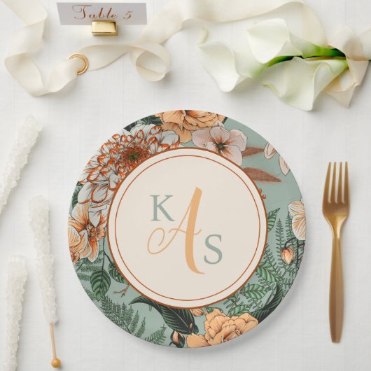 Boho Terracotta Sage Monogram Herfst Bruiloft Papieren Bordje (Huwelijk)