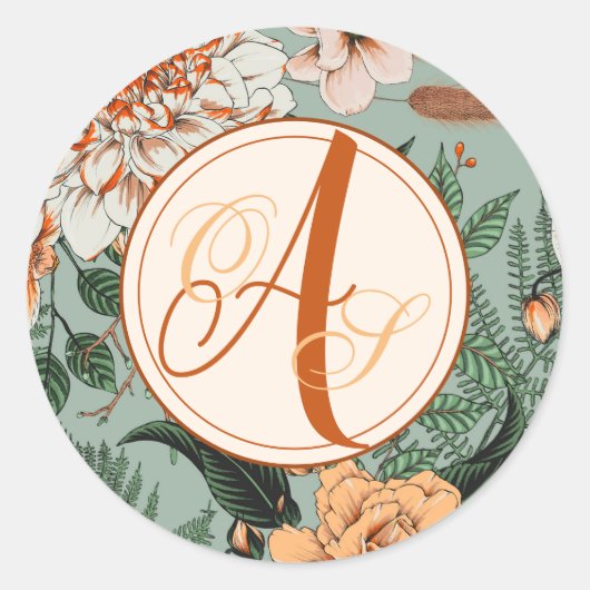 Boho Terracotta Sage Monogram Herfst Bruiloft Ronde Sticker (Voorkant)
