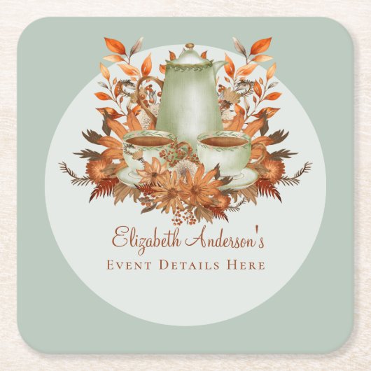 Boho Terracotta Salie Theesalon Bloemendiner Evene Vierkante Kartonnen Onderzetter (Voorkant)