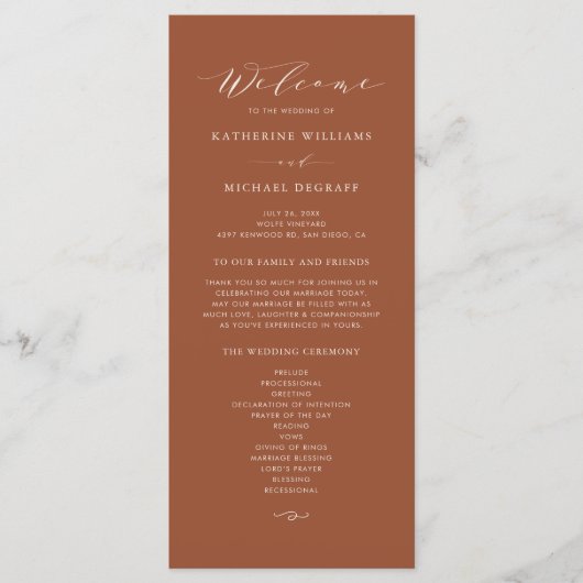 Boho terracotta sierlijk script bruiloft ceremonie programma (Voorkant)