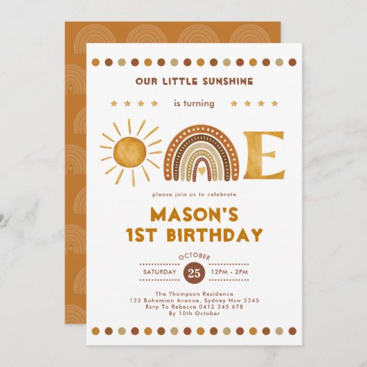 Boho Terracotta Sunshine Rainbow 1st Birthday Kaart (Voorkant / Achterkant)