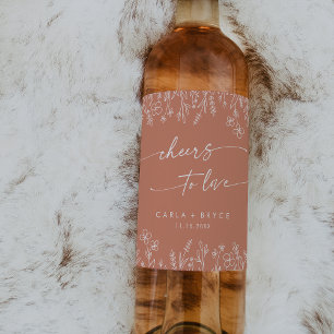 Boho Terracotta Wilde Bloem Cheers to Love Bruilof Wijn Etiket