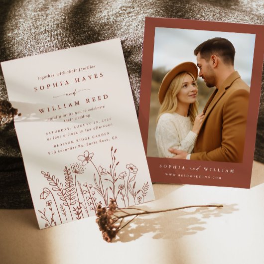 Boho Terracotta Wildflower Photo Wedding Kaart