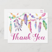 Boho Thank You Feathers Paarse roze Indiase bruilo Briefkaart (Voorkant / Achterkant)