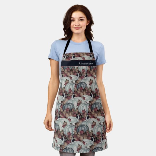 Boho Thanksgiving Herfst Blauwe Waterverf Pompoen Schort (Gedragen)