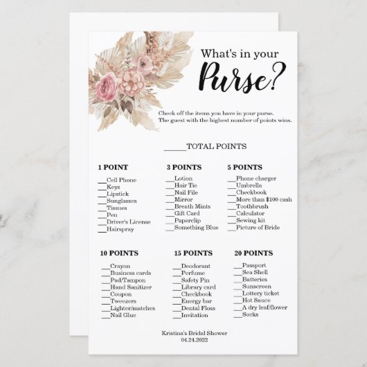 Boho Thema Wat zit er in je handtas Douche spel (Voorkant / Achterkant)