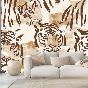 Boho Tiger Animal Print in zacht beige en bruin Behang