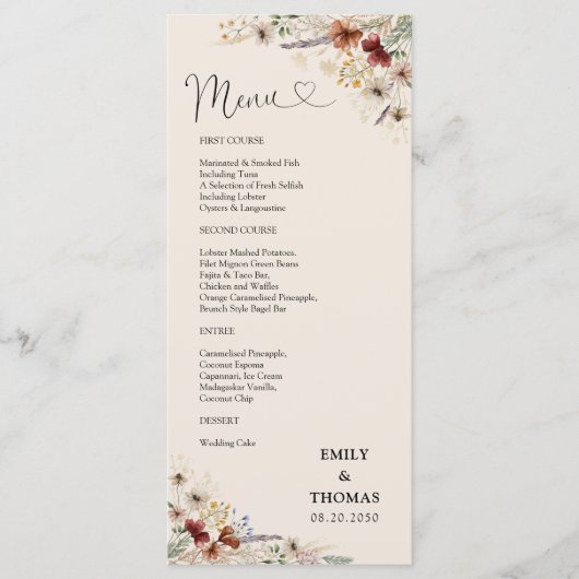 Boho Tiny Fleur sauvage Menu Mariage (Devant)