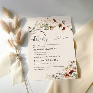 Boho Tiny Wildflower bruiloft details Informatiekaartje