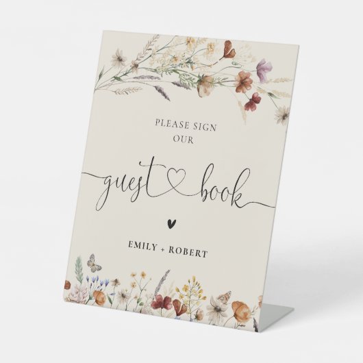 Boho Tiny Wildflower Gastenboek teken Reclamebord Met Voetstuk (Voorkant)