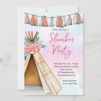 Boho tipi tent slaapfeest verjaardagsuitnodiging kaart