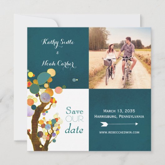 Boho Trees Blauwgroen bruiloft Foto Save the Date (Voorkant)