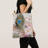Boho Tribal Chic Peacock Feather & Rozen Canvas ta Tote Bag (Dichtbij)