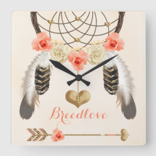 Boho Tribal Clock met Dreamweaver catcher en Feath Vierkante Klok