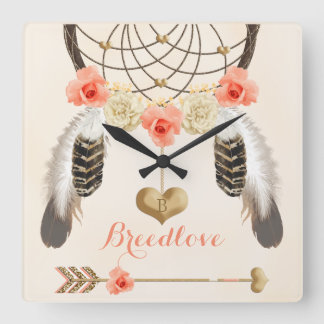 Boho Tribal Clock met Dreamweaver catcher en Feath Vierkante Klok