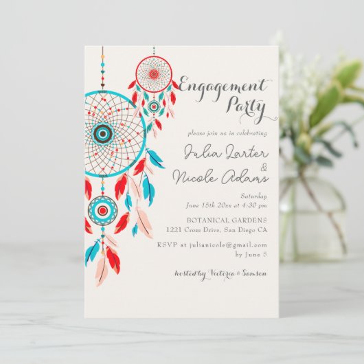 Boho Tribal Feather Dreamcatcher Engagement Party Kaart (Staand voorkant)