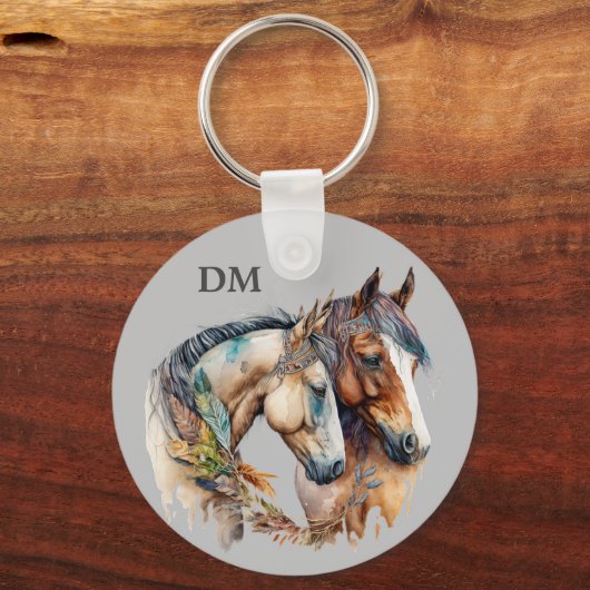 Boho Tribal Feather Horses Sleutelhanger (Voorkant)