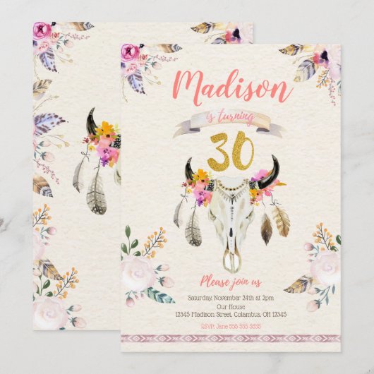 Boho Tribal Floral Skull 30th Birthday Invitation Kaart (Voorkant / Achterkant)