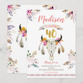 Boho Tribal Floral Skull 40th Birthday Invitation Kaart