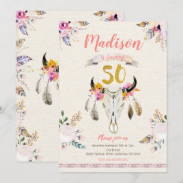 Boho Tribal Floral Skull 50th Birthday Invitation Kaart
