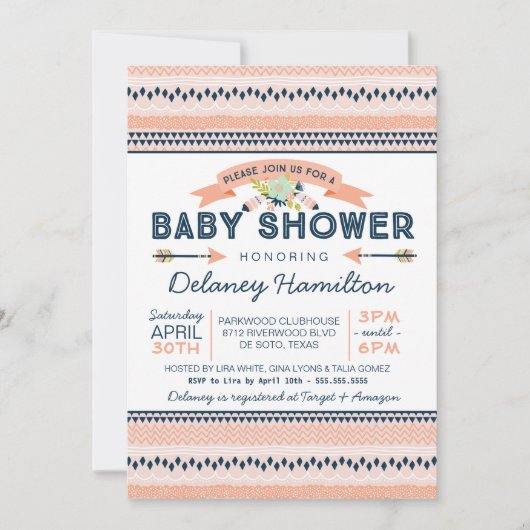 Boho Tribal Peach and Navy Ethnic Baby shower Kaart (Voorkant)