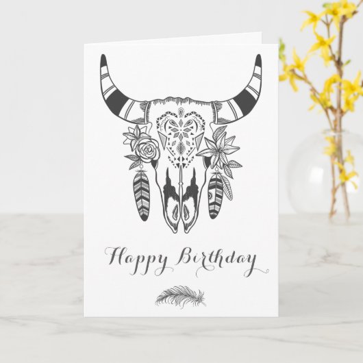 Boho Tribal Skull Grijs en Wit Boheems Verjaardag Kaart (Gele Bloem)