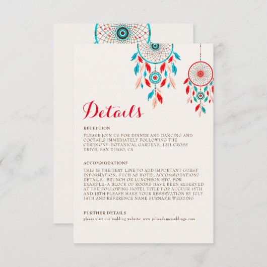 Boho Tribal veer Dreamcatcher bruiloft Informatiekaartje (Voorkant / Achterkant)