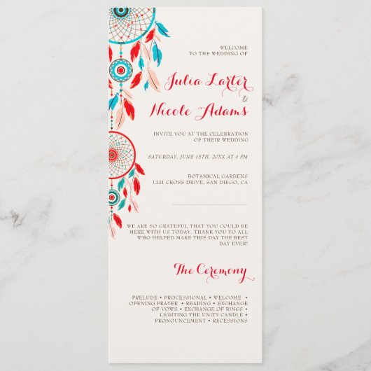 Boho Tribal veer Dreamcatcher bruiloft Programma (Voorkant)