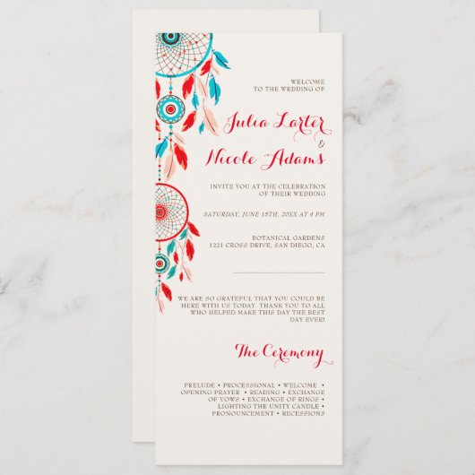 Boho Tribal veer Dreamcatcher bruiloft Programma (Voorkant / Achterkant)