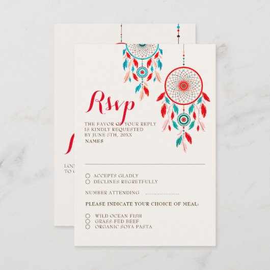 Boho Tribal veer Dreamcatcher Bruiloft RSVP Kaart (Voorkant / Achterkant)