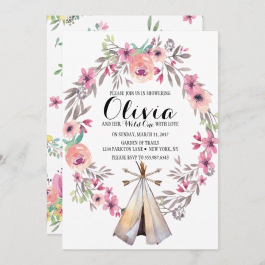 Boho Tribale Baby Shower Uitnodiging Bloemen Teepe (Voorkant / Achterkant)