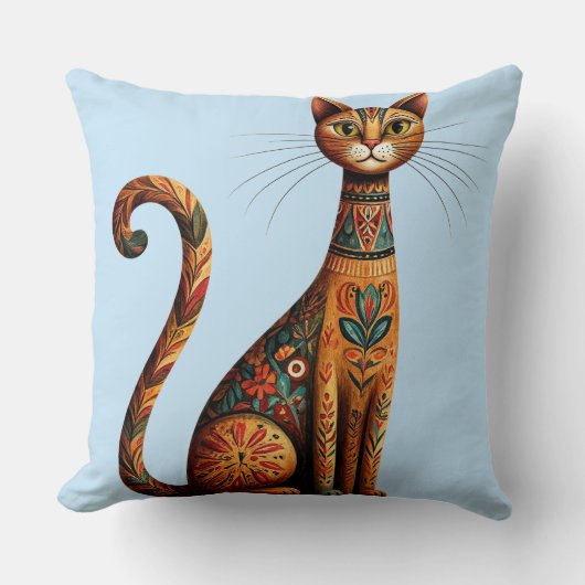 Boho Tribale Kat Cute Folk Art met Bloemen Kussen (Voorkant)