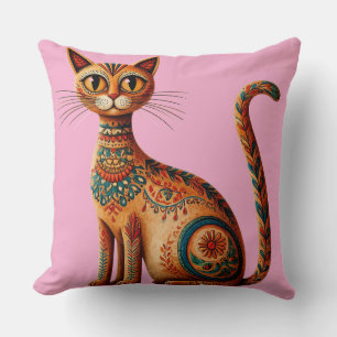 Boho Tribale Kat Cute Volkskunst met Bloemen Kussen