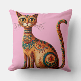 Boho Tribale Kat Cute Volkskunst met Bloemen Kussen