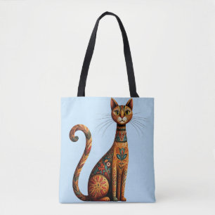 Boho Tribale Kat Schattige Volkskunst met Bloemen Draagtas