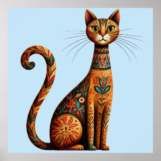 Boho Tribale Kat Schattige Volkskunst met Bloemen Poster