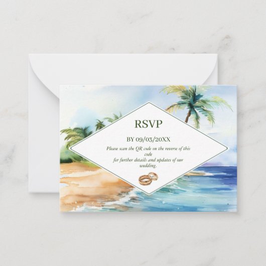 Boho Tropical Beach QR Code RSVP Bruiloft Notitiekaartje (Voorkant)