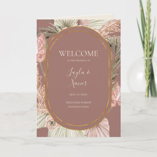 Boho Tropical Botanical Dusty Roos Folded Wedding Programma (Voorkant)