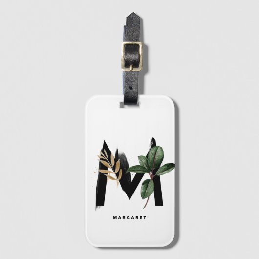 Boho Tropical Ficus Letter M Monogram Bridesmaid Bagagelabel (Voorkant (verticaal))