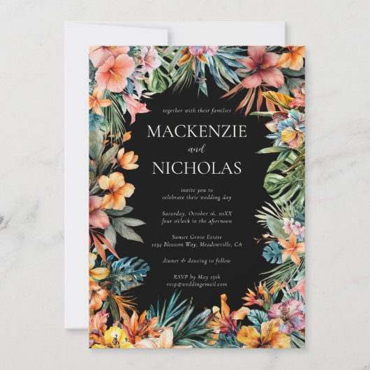 Boho Tropical Floral Black Faire-part de mariage (Devant)