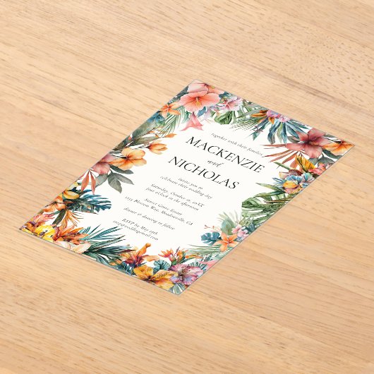 Boho Tropical Floral Mariage Acrylique Invitation (Poser)