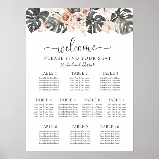 Boho Tropical Floral Wedding Seating Chart Poster (Voorkant)
