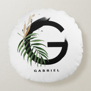 Boho Tropical Greenery Letter G Monogram Rond Kussen