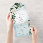 Boho Tropical Greenery Modern Aqua Dinner All In One Uitnodiging (Afscheurbaar)