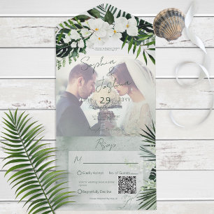 Boho Tropical Greenery Modern Photo QR Code All In One Uitnodiging