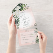 Boho Tropical Greenery Modern Pink Blush No Dinner All In One Uitnodiging (Afscheurbaar)