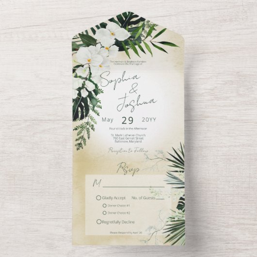 Boho Tropical Greenery Modern Sand Dinner All In One Uitnodiging (Binnen)