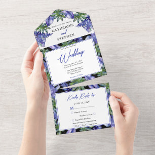 Boho Tropical Leaves Paarse Green Wedding All In One Uitnodiging