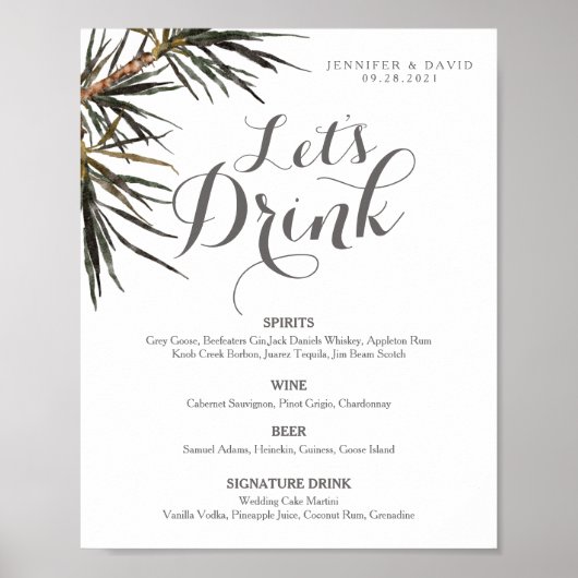 Boho Tropical Mariage Bar Menu Sign Poster (Matte) (Devant)