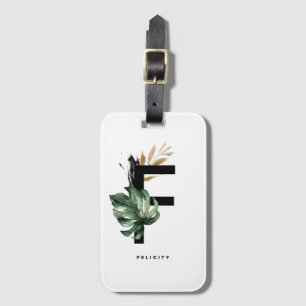 Boho Tropical Monstera Leaf Letter F Monogram Bagagelabel